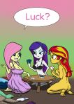 3_girls 3girls ass blue_eyes bra card_game clothed_female_nude_female covering_breasts english_text equestria_girls female female_only fluttershy fluttershy_(mlp) friendship_is_magic indoors long_hair long_purple_hair mostly_nude my_little_pony purple_hair rarity rarity_(mlp) speech_bubble strip_poker sunset_shimmer sunset_shimmer_(eg) two-tone_hair