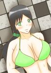 1girl alluring big_breasts bikini black_hair green_eyes hammie_(uchuu_sentai_kyuuranger) mokuro_(artist) on_floor super_sentai uchuu_sentai_kyuuranger