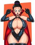 1girl 2023 anime_milf big_breasts black_hair breasts chichi clothed clothed_female costume dracula_(cosplay) dragon_ball elbow_gloves female_focus female_only fully_clothed gloves hair_bun halloween halloween_costume huge_breasts light-skinned_female light_skin long_hair looking_at_viewer mature mature_female milf milk_(dragonball_z) open_mouth panarandom solo_female solo_focus standing stockings