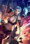 1girl alternate_breast_size bare_shoulders belt big_breasts blue_hair braid breasts bullet city cleavage cutoffs dainegikun female_only fingerless_gloves gloves hairline jinx_(league_of_legends) league_of_legends lips lipstick long_hair makeup midriff navel open_mouth pink_eyes short_shorts shorts skindentation solo_female strap_gap tattoo trigger_discipline twin_braids very_long_hair weapon