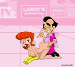 1boy 1girl ass big_breasts black_hair blue_eyes breasts cartoon_network clothed_male_nude_female crossover dagnabit_(artist) dexter&#039;s_laboratory dexter&#039;s_mom doggy_position earring larry_laffer latex_gloves leisure_suit_larry lipstick milf nipples nude red_hair 