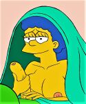  blue_hair breasts erect_nipples erect_penis homer_simpson marge_simpson the_simpsons under_covers yellow_skin 