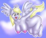  2013 anthro blonde_hair breasts cutie_mark derpy_hooves derpy_hooves_(mlp) equine female flying friendship_is_magic fur furry grey_fur hair happy horse my_little_pony nipples nude outside pegasus pony skidd solo wings yellow_eyes 
