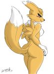  1_anthro 1_female 1_female_anthro 1_girl 2013 3_fingers anthro anthro_canine anthro_fox anthro_vixen blue_eyes breasts canine darkshadow777 digimon featureless_crotch female female_anthro female_anthro_fox female_only female_renamon fox fur furry looking_at_viewer looking_back nipples nude raised_tail renamon smile solo standing toei_animation vixen white_fur yellow_fur 