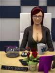 breasts clothing desk glasses mug plant red_hair