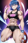 1girl abs alluring athletic athletic_female bare_arms bare_legs bare_midriff bare_shoulders bare_thighs biceps big_breasts black_shorts black_sports_bra blue_hair blush bracelet breasts broad_shoulders cleavage collarbone female_abs fit_female game_freak hand_on_thigh looking_at_viewer midriff nintendo pokemon pokemon_(anime) pokemon_gsc pokemon_hgss pokemon_rgby red_eyes sabrina sabrina_(pokemon) short_shorts shorts solo spandex_shorts sports_bra thick_thighs thigh_gap thighs toned toned_female voluptuous voluptuous_female wide_hips zengai