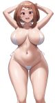  1girl absurdres alternate_breast_size arms_up bikini blush boku_no_hero_academia breasts brown_eyes brown_hair cleavage collarbone curvy highres huge_breasts jasony looking_at_viewer navel short_hair smile solo stomach swimsuit thick_thighs thighs uraraka_ochako white_background white_bikini wide_hips 