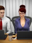  breasts clothing glasses laptop muffin neck_tie sydgrl3d 