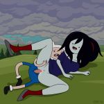  adventure_time animal_ears bear_ears black_hair bottomless cum erection finn_the_human from_behind grey_skin hairless_pussy long_hair marceline outside pale_skin penis pussy smile spoon_position spooning vaginal 