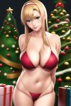 1girl alice_schuberg alluring big_breasts bikini blonde_hair blue_eyes christmas christmas_tree cleavage nightcore_(artist) presents sword_art_online