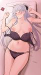 1girl ak-12_(girls_frontline) bed_sheet blush bra braid breasts closed_mouth condom condom_wrapper girls_frontline high_res ichinose_(ichinose1592) long_hair looking_at_viewer lying medium_breasts navel nipples nose_blush on_back panties pillow ponytail purple_eyes silver_hair underwear