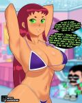  1girl 1girl 1girl background bed bedroom bikini bikini_top blurred_background blurry_background breasts cartoon_network coldarsenal crying dc_comics dc_comics dick_grayson edit edited female_focus female_only green_eyes hands_behind_head implied_sex kashdamii koriand&#039;r looking_at_viewer navel purple_bikini purple_swimsuit red_hair robin room sad simple_background solo_female solo_focus starfire swimsuit teen_titans teen_titans_go text text_bubble toned toned_belly toned_body toned_female toned_stomach watching 