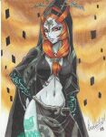  1girl 2018 alluring brown_background brown_hair colored_skin jewelry midna midna_(true) navel nintendo purple_lips ravern_clouk red_eyes tagme the_legend_of_zelda the_legend_of_zelda:_twilight_princess traditional_media twili_midna white_skin 
