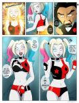 1boy 1girl blonde_hair blue_eyes blue_hair bra choker cleavage comic comic_page dc_comics dialogue dr._psycho dyed_hair english_text eyeshadow harley_quinn harley_quinn_(series) hotpants hypnosis lipstick looking_at_viewer multicolored_hair open_mouth panties pink_hair professorpurrv seductive_smile shirt_lift shorts smile speech_bubble text twin_tails white_skin 