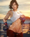  1girl 3d alluring athletic_female big_breasts female_abs female_focus fit_female gym_shorts hourglass_figure kazama_asuka koyz3d namco pinup pinup_pose sports_bra stripping tekken tomboy toned toned_female undressing wide_hips 