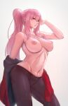  breasts hips hololive hololive_english looking_at_viewer mori_calliope myth1c one_arm_up pink_hair standing stomach tagme thick_thighs topless virtual_youtuber 