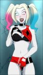  1girl blonde_hair blue_eyes blue_hair bra choker cleavage dc_comics dyed_hair eyeshadow female_only harley_quinn harley_quinn_(series) hotpants lipstick looking_at_viewer multicolored_hair open_mouth panties pink_hair professorpurrv seductive_smile shirt_lift shorts smile solo_female twin_tails white_skin 