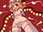  bad_id blonde_hair blush breasts cameltoe fang female flandre_scarlet glowing hakika hat midriff navel open_mouth panties red_eyes short_hair side_ponytail smile thighhighs topless touhou underwear wings 