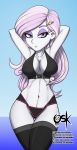  1girl bra breasts equestria_girls female female_only fleur_de_lis fleur_de_lis_(mlp) friendship_is_magic hands_behind_head long_hair looking_at_viewer my_little_pony nipple_outline panties partially_clothed solo standing stockings underwear 
