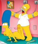 ass big_breasts bound_arms cartoon_avenger chains cum_on_back footjob homer_simpson marge_simpson the_simpsons yellow_skin