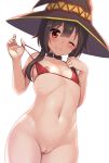  embarrassed erect_nipples excited exposed_breasts female_only hormone_koijirou innie_pussy kono_subarashii_sekai_ni_shukufuku_wo! looking_at_viewer megumin one_eye_closed partially_clothed red_eyes small_breasts strap_pull swimsuit uncensored witch_hat 
