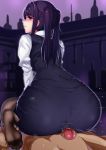  1boy 1girl ass_focus buttjob clothed_female_nude_male clothed_sex dark-skinned_male hetero huge_ass looking_at_partner looking_back office_lady purple_hair red_eyes sitting_on_penis sitting_on_person 