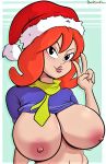  1girl big_breasts breasts daphne_blake davidsanchan erect_nipples female female_human female_only huge_breasts human looking_at_viewer red_hair redhead santa_hat scooby-doo solo topless v 