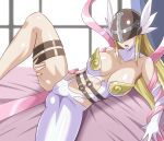  1girl angewomon areola asymmetrical_clothes belt big_breasts blonde_hair breasts cameltoe cleavage clothed digimon digimon_(species) female_only heigani helmet innie_pussy long_hair mask navel_cutout nipples open_mouth pussy revealing_clothes ribbon skimpy skin_tight solo_female spread_legs 