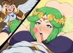  1boy 1girl afrobull all_fours ass bike_shorts excited fellatio green_eyes green_hair hetero highres kid_icarus licking licking_penis looking_at_partner looking_up matching_hair/eyes mature_female milf multiple_views nintendo open_mouth oral palutena penis pit_(kid_icarus) tongue_out uncensored veiny_penis wings 