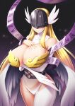  1girl alluring angewomon big_breasts blonde_hair breasts digimon female_only headgear shiny_skin smile wings 