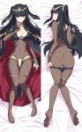  1girl ario ass big_breasts black_hair blush bodysuit bracelet breasts butt_crack cape cleavage dakimakura feet fire_emblem fire_emblem:_kakusei full_body jewelry large_breasts long_hair looking_at_viewer looking_back lots_of_jewelry lying multiple_views nintendo no_shoes on_back pale_skin panties panty_pull pulled_by_self sideboob smile soles solo tharja thigh_gap tiara toes twintails two_side_up underwear undressing 