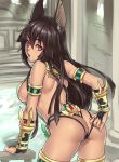 1girl :o adjusting_clothes adjusting_swimsuit animal_ears anubis anubis_(houtengeki) arm_support armlet ass back bare_shoulders black_hair blush bracer breasts bridal_gauntlets dark_skin egyptian egyptian_mythology houtengeki indoors jewelry large_breasts long_hair looking_at_viewer looking_back lots_of_jewelry open_mouth original pink_eyes pool red_eyes sideboob sling_bikini solo strap_gap strap_lift swimsuit thighhighs thighs water 