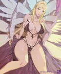  1girl alluring angel_wings angewomon arttoru big_breasts bikini blonde_hair blue_eyes cleavage digimon female_only leaning_back long_hair smile solo_female thick_thighs thigh_gap thin_waist watermark wide_hips wings 