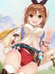  atelier_(series) atelier_ryza blonde_hair brown_panties cameltoe covered_nipples cowboy_shot day erect_nipples_under_clothes female_only looking_at_viewer looking_down open_mouth outdoors test_tube thighhighs white_legwear yokaze_japan 