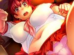  1girl blush breasts fat female game_cg large_breasts open_mouth panties play!_play!_play! red_eyes red_hair school_uniform solo sweat underwear valkyria wazakita yamamoto_sachie 