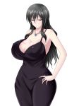 10s 1girl angry bare_shoulders black_dress black_hair breasts cleavage covered_erect_nipples curvy dress female_focus hands_on_own_hips huge_breasts jewelry kotoura-san kotoura_kumiko long_hair looking_at_viewer mature_female necklace saogokushi simple_background solo standing white_background wide_hips