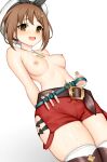 1girl 1girl :d arms_behind_back atelier_(series) atelier_ryza bangs belt belt_buckle blush breasts brown_eyes brown_hair buckle clothed_female collarbone cowboy_shot cum cum_on_body cum_on_lower_body cum_on_thighs eyebrows_visible_through_hair female_focus female_only from_below hair_ornament hairclip jewelry looking_at_viewer looking_down medium_breasts navel necklace nipples open_mouth red_shorts reisalin_stout round-bottom_flask short_hair short_shorts shorts simple_background smile solo_focus star star_necklace stockings tagme teen test_tube toshishikisai video_game_character video_game_franchise white_background white_headwear white_legwear