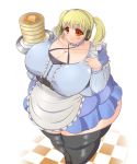  1girl apron black_legwear black_thighhighs blonde_hair breasts fat female food headphones highres huge_breasts kurokaze_no_sora nitroplus obese red_eyes short_hair short_twintails solo standing super_pochaco thighhighs twintails waitress 