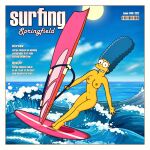 blue_hair breasts erect_nipples magazine_cover marge_simpson nude shaved_pussy surfboard surfing the_simpsons thighs yellow_skin