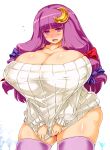 1girl bare_shoulders bow breasts cleavage collarbone crescent dress embarrassed fat female gigantic_breasts hair_bow huge_breasts long_hair no_hat off-shoulder_sweater patchouli_knowledge photoshop plump purple_eyes purple_hair purple_legwear ribbed_sweater sentarou solo sweater sweater_dress sweater_tug thick_thighs thighhighs thighs touhou 