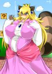  1girl ?_block animal_ears artist_name blonde_hair blue_eyes blush breasts brooch cloud covered_nipples crown dress earrings elbow_gloves erect_nipples fat female furry gloves glowing huge_breasts jewelry leaf long_hair mario_(series) open_mouth pink_dress plump princess_peach raccoon_ears raccoon_tail sky solo super_mario_bros. sweat tail translated whiskers ymbk 