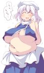  1girl belly belly_grab breasts closed_eyes erect_nipples fat female gigantic_breasts hair hat headgear huge_breasts letty_whiterock long_skirt navel no_bra open_mouth simple_background skirt solo standing touhou underboob ushi white_background white_hair 