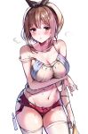 1girl 1girl abs absurd_res atelier_(series) atelier_ryza bad_id big_breasts big_breasts blush breasts brown_eyes brown_hair cleavage clothed clothed_female collarbone eyebrows_visible_through_hair female_focus female_only hair hair_ornament hairclip half-closed_eyes hat heavy_breathing high_res midriff navel red_shorts reisalin_stout sak_(lemondisk) short_hair short_shorts shorts solo_female solo_focus stockings sweat tagme teen thighs video_game_character video_game_franchise wet white_headwear white_legwear