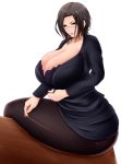  1girl bra breasts brown_eyes brown_hair bursting_breasts cleavage female glasses hips huge_breasts lace-trimmed_bra office_lady original pantyhose saogokushi short_hair simple_background sitting skirt solo teacher thick_thighs thighs underwear white_background wide_hips 