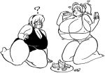  2girls ? breasts cow_girl cow_girl_(hataraki) emerald_(sprite37) fat female food fruit gigantic_breasts heart horns multiple_girls simple_background sprite37 thick_thighs thighs watermelon white_background 