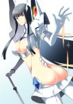  1girl armor artist_request ass back-seamed_legwear black_hair blue_eyes boots breasts cleavage cleavage_cutout female from_behind frown gloves highres junketsu katana kill_la_kill kiryuuin_satsuki large_breasts living_clothes long_hair looking_back looking_down noma_taoru revealing_clothes seamed_legwear skirt sparkle spikes sword thigh_boots thighhighs thong weapon 