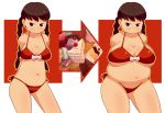  1girl bikini black_hair breasts brown_hair cake cleavage fat female food gishi huge_breasts large_breasts long_hair original red_eyes smile solo swimsuit twintails weight_gain 