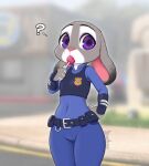 1girl ? anthro blurry_background clothed disney furry judy_hopps kionant lollipop petite police_uniform purple_eyes question_mark rabbit small_breasts source_request tight_clothing zootopia