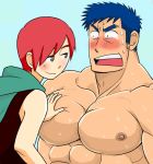  2boys bara blue_hair blush hair hand_on_another&#039;s_chest hand_on_chest male male_only multiple_boys muscle muscles red_hair redhead reverse_trap short_hair smile yaoi 