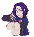  1girl annoyed areola big_breasts blanclauz breasts dc_comics exposed_breasts grey_body long_nails nipples pale_skin purple_hair raven_(dc) teen_titans thick_lips topless 